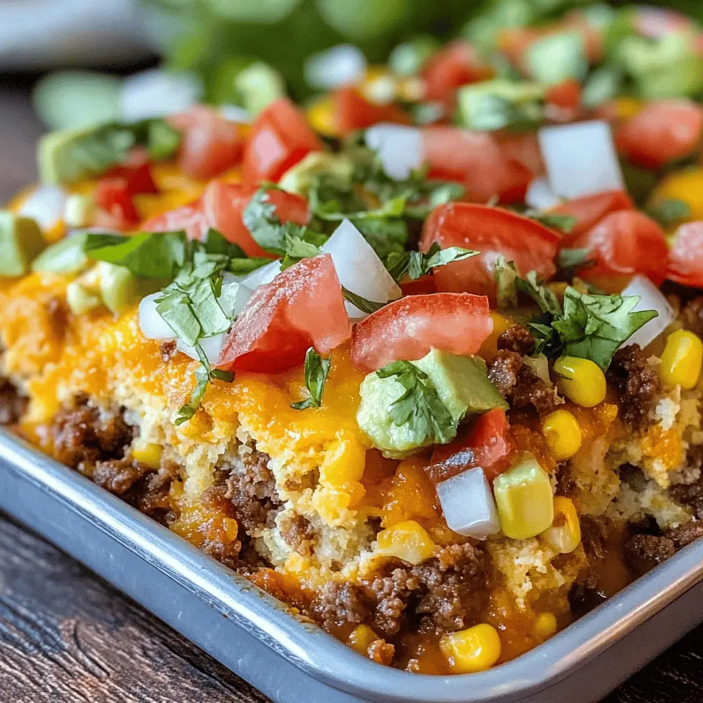 This Cornbread Taco Bake is a fun and delicious twist on your favorite taco night! Layered with seasoned ground beef, zesty taco sauce, and topped with fluffy cornbread, it's sure to please the whole family. Perfect for a weeknight dinner or potluck, save this recipe for your next gathering! Enjoy a hearty meal that everyone will love.