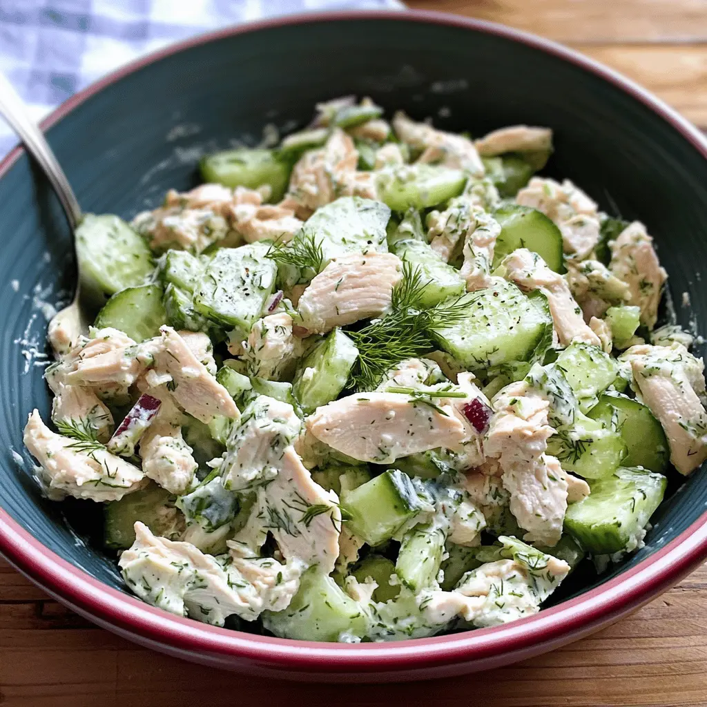 Looking for a refreshing twist on chicken salad? This Cucumber Dill Greek Yogurt Rotisserie Chicken Salad combines juicy rotisserie chicken, crisp cucumber, and creamy Greek yogurt for a light, flavorful dish. Perfect for lunch or a picnic, it's healthy and easy to prepare. Save this recipe to wow your friends at your next gathering!
