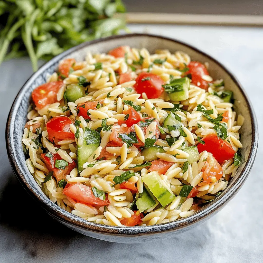 Looking for a fresh and vibrant dish? This Orzo Salad is packed with colorful veggies and a zesty lemon dressing that brightens up every bite! Featuring nutritious orzo pasta and tasty herbs, it’s perfect for meal prep or potlucks. Save this recipe for a light lunch or a delightful side at your next gathering!