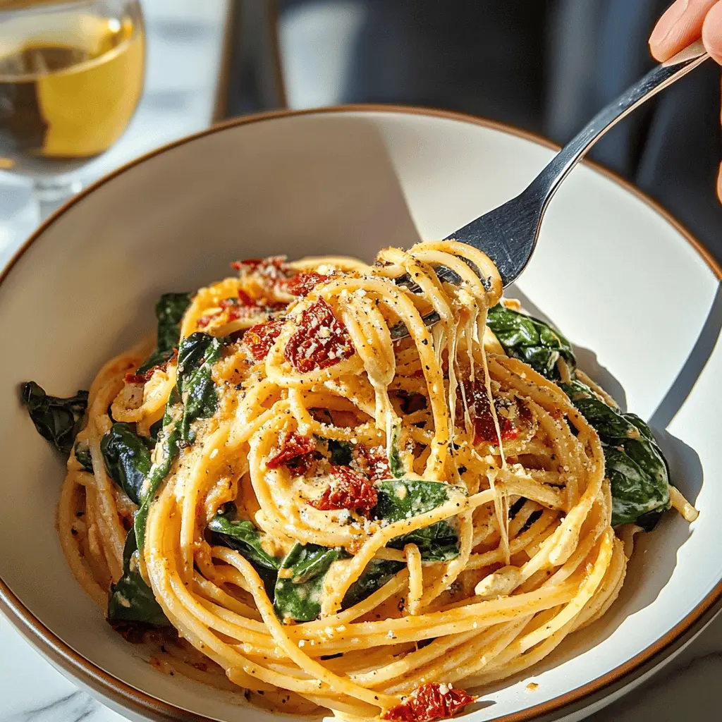Whip up this delightful Spaghetti and Spinach in a sun-dried tomato cream sauce that will brighten up your dinner table! Bursting with flavor, this dish features fresh spinach and tangy sun-dried tomatoes, making it a vibrant and nourishing meal. Perfect for weeknight dinners or special gatherings, save this recipe now and impress your family or guests!