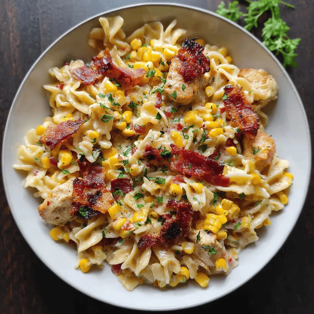 Creamy Chicken Corn Pasta with Crispy Bacon