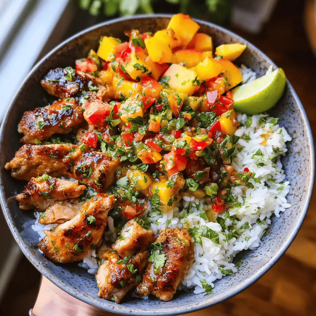 Easy Cilantro Lime Chicken Bowls with Fresh Peach Salsa
