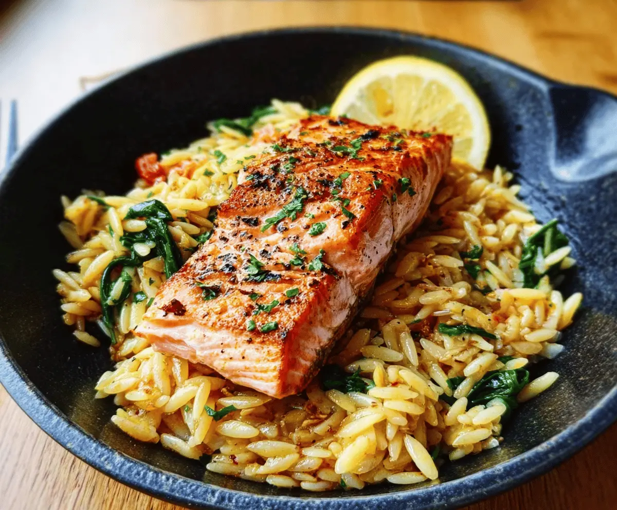 One Skillet Lemon Salmon with Creamy Orzo