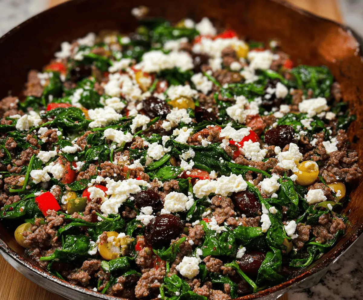 Easy Ground Beef and Spinach Skillet with Feta