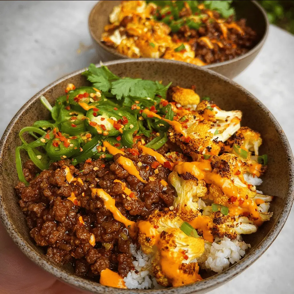 Crispy Chile Beef and Cauliflower Protein Bowls