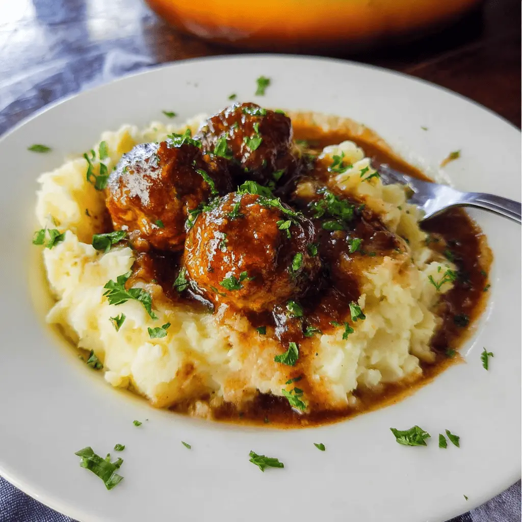 Easy Salisbury Meatballs with Creamy Mashed Potatoes