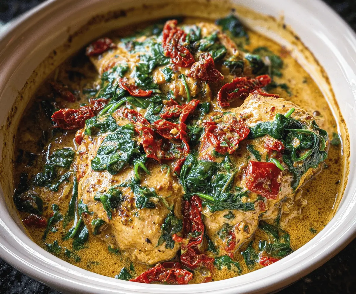 Easy Crockpot Tuscan Garlic Chicken With Spinach And Tomatoes