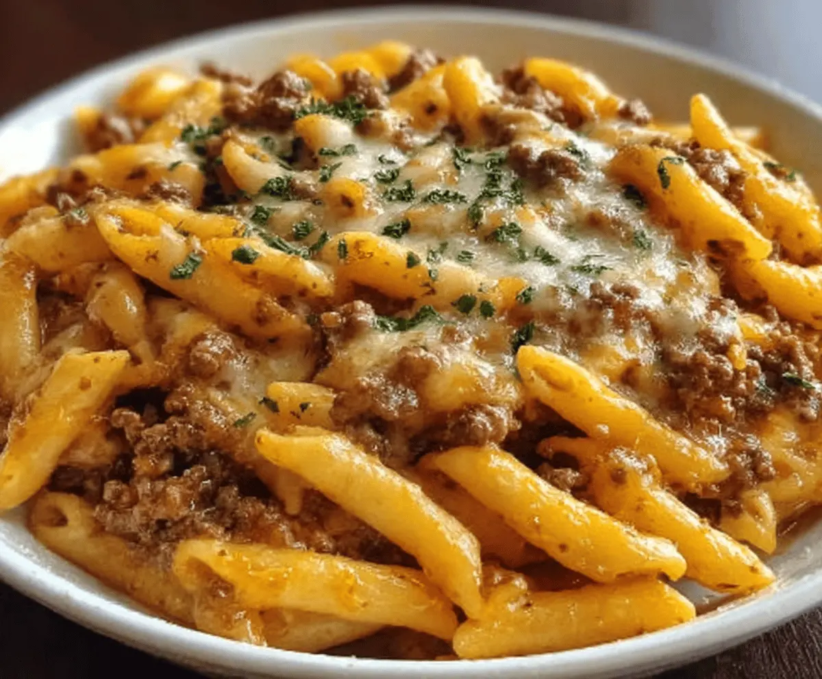 Cheesy Garlic Butter Penne with Ground Beef